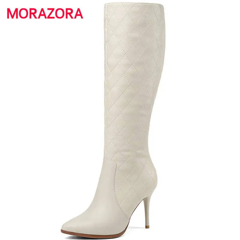 

MORAZORA 2018 new autumn winter stiletto heel knee high boots microfiber+genuine leather boots sexy super high heel women boots