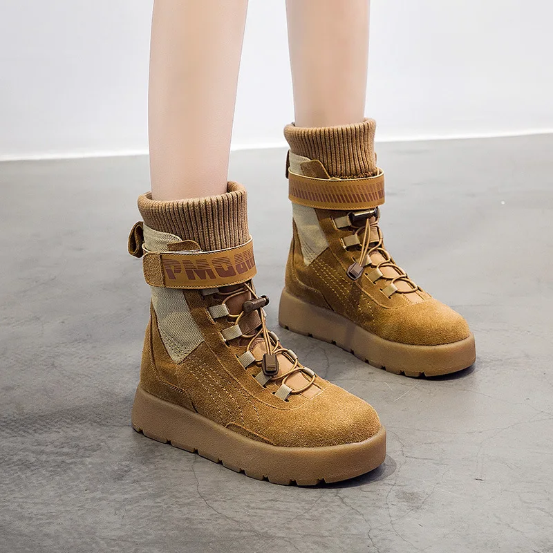 

2018 Warm Ankle Boots Women Plus Size Fashion Woman Snow Boots Female flat platform Motorcycle Boots cow suede Shoes botas mujer