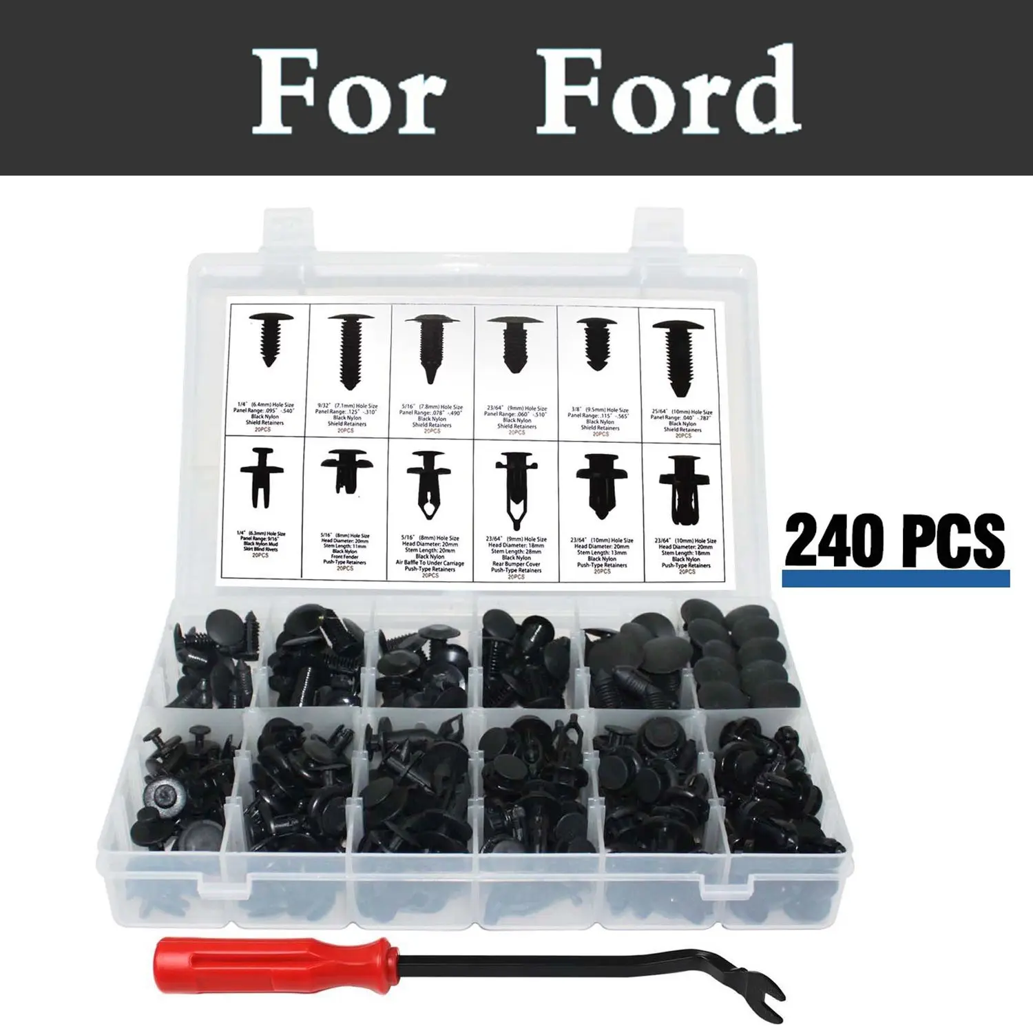 

240x Car Push Retainer Kit Fastener Remover Clips Storage Box For Ford Fusion Kuga Maverick Mondeo Mustang Taurus Thunderbird