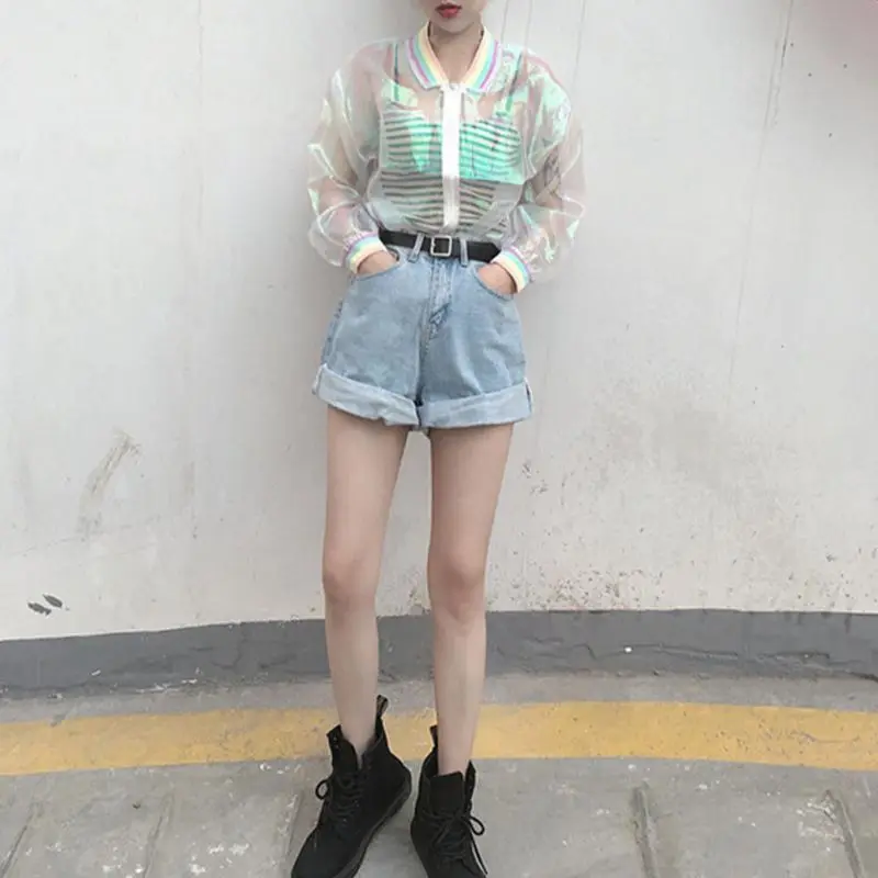 Женские топы Harajuku лазерная Радужная симфония голограмма прозрачный Бомбер