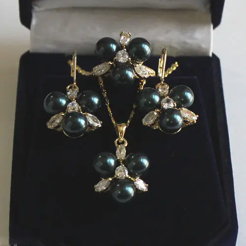 

Rare 8mm Black South Sea Shell Pearl Earrings Ring & Necklace Pendant Jewel Set 5.23 5.23