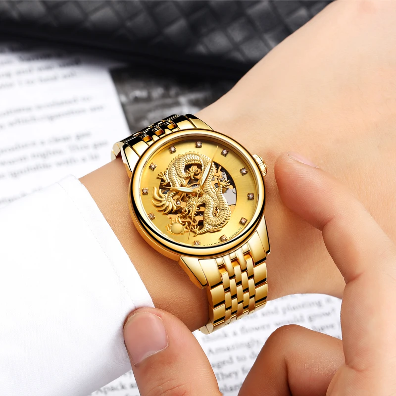 Оригинал GUANQIN montre homme Скелет Золотые мужские часы с драконом Мужские Бизнес