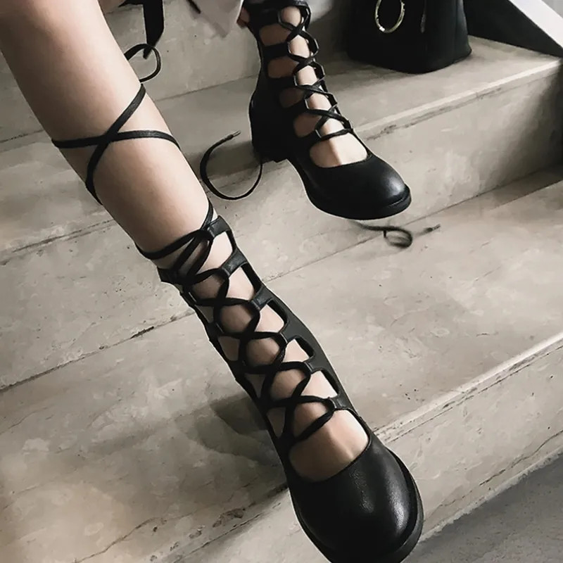 

Celebrity Shoes Woman Boots Cross-Strap Chunky Heel Round Toe Ballet Flats Ankle-Wrapped Lace-Up Ankle Boots For Spring Summer