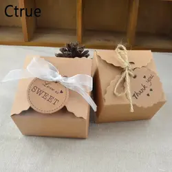 10 шт. Kraft Бумага 6,5 см X 6,5 см X 4,5 см винтажные Ретро коробка конфет с тегом и лентой Свадебные подарки коробка деревенский Свадебные