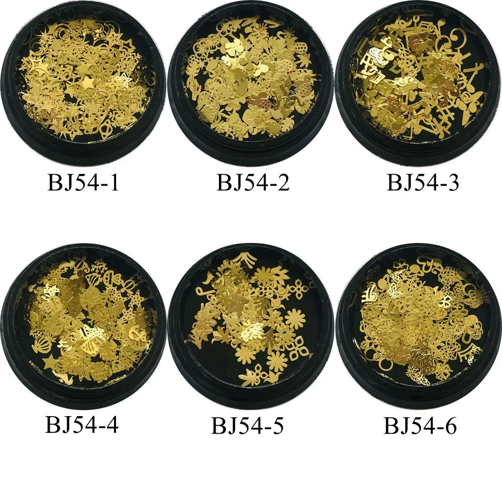 

1Jar Hard Gold Metal Non-adhesive Sticker Mixed Designs Mix Moon Star Flower Music Sign in Black Jar BJ54