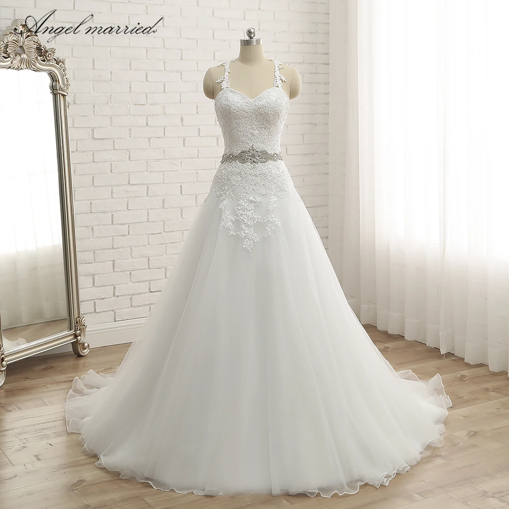 Женское свадебное платье с поясом Angel кристаллами и кружевной аппликацией Vestido De