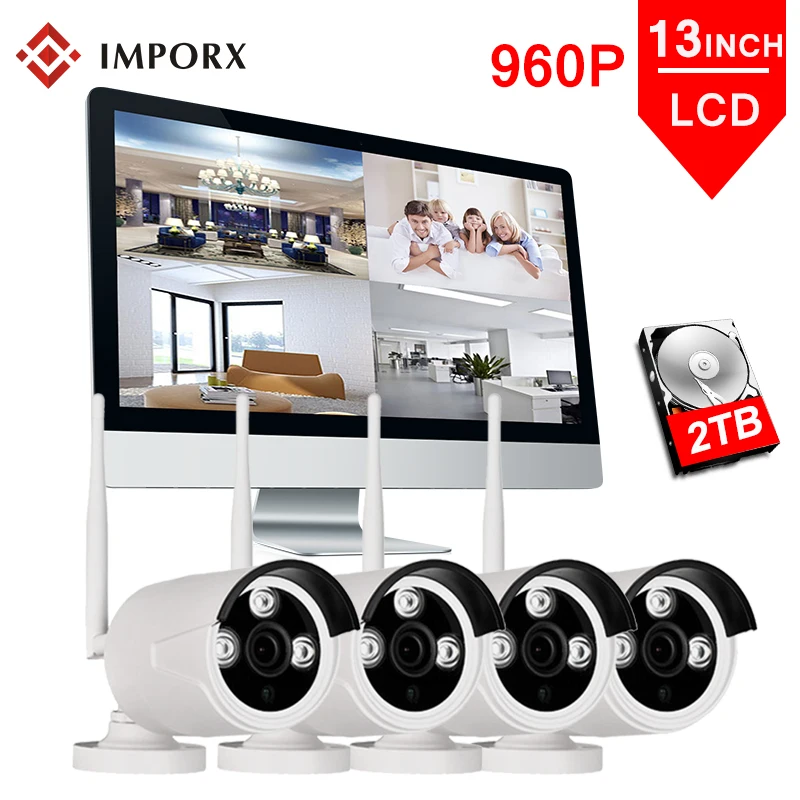 4CH 960P Беспроводной NVR наборы 13 'ЖК-дисплей монитор наружная безопасность 1.3MP IP