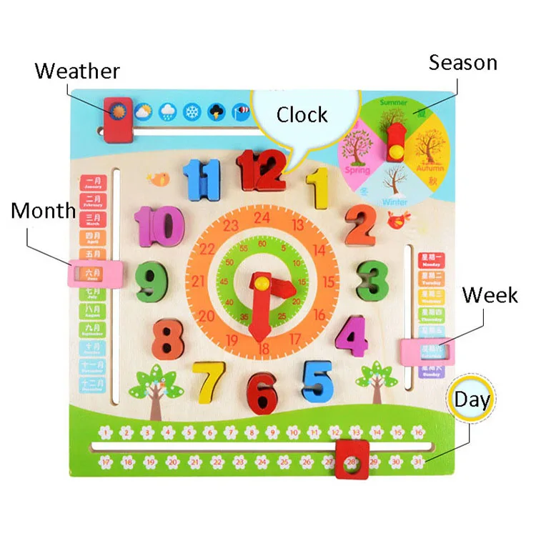 Дети календарь часы головоломки стене висит деревянная доска узнать время сезон погода месяц Часы раннего Развивающие игрушки для детей