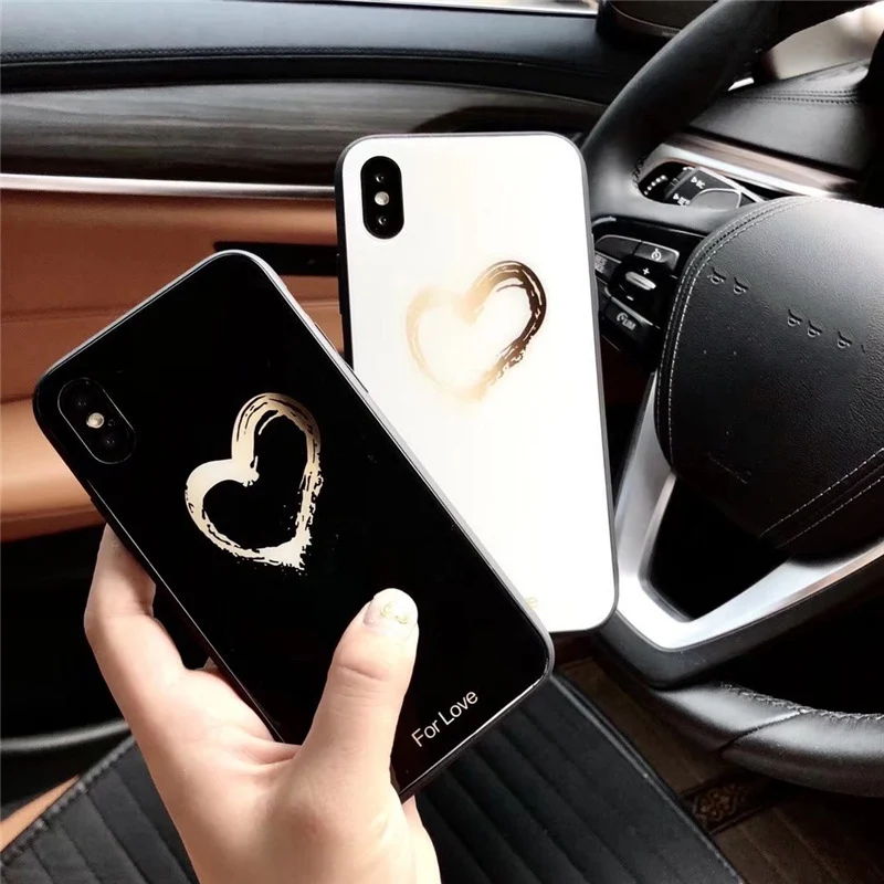 

Tempered Glass Phone Case For iPhone X Lovely Heart Hard Back Cover Soft Silicone Bumper For iPhone 7 6S 8 Plus 6 Plus Cases