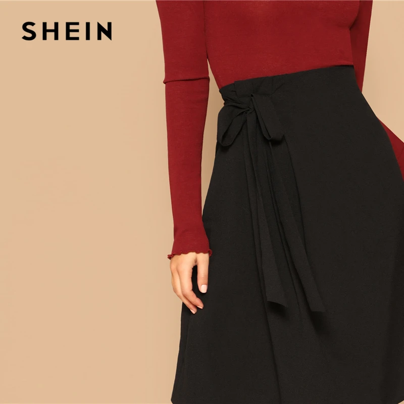 SHEIN Однотонная Юбка С Узлом Женская Черная Летняя Элегантная Юбка С Поясом И Высокой Талией