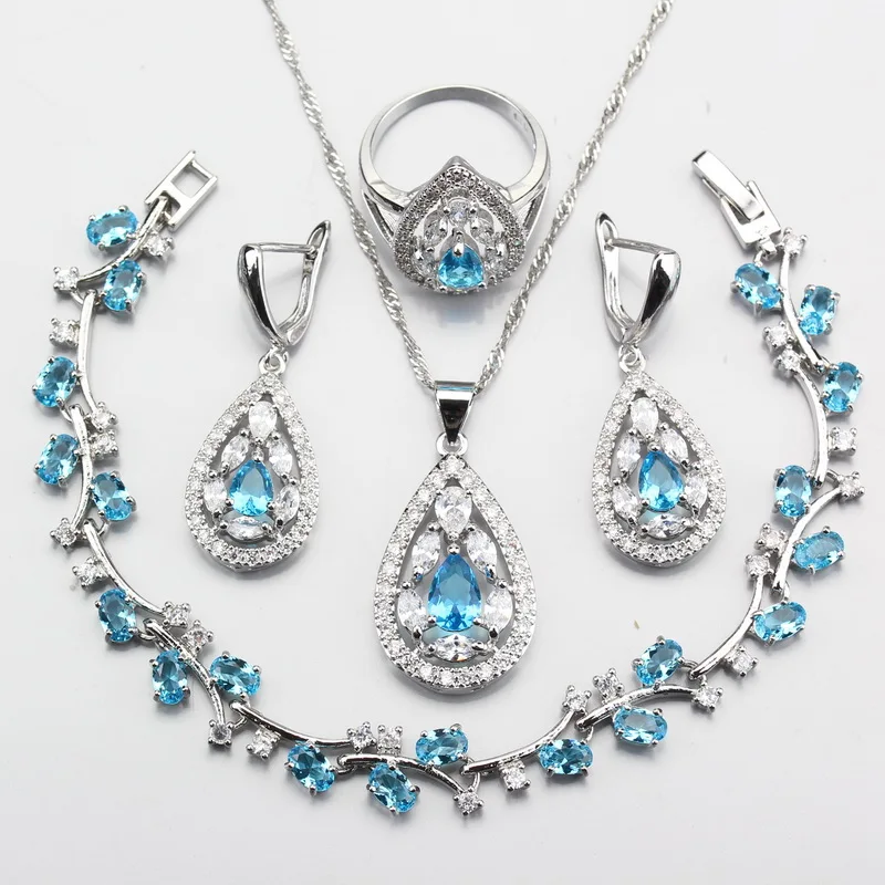 Blue Crystals and Sterling Silver Necklace and Earrings Set Women's Gift For Her