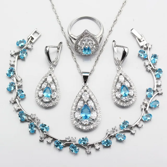 Trendy 925 Sterling Silver Light Blue Crystal Jewelry Sets For Women ...
