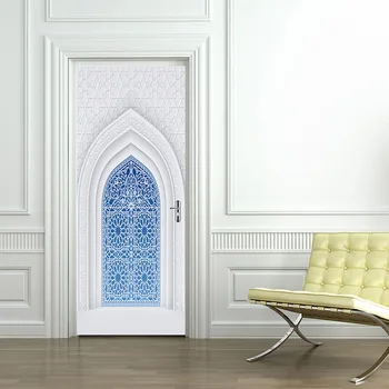 

White Religious Muslim Iron Door Sticker 3D Bedroom Living Room Door Poster Mural PVC Self adhesive Home Decor Decal