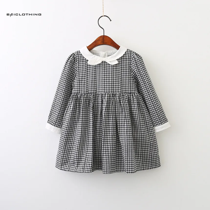 

2017 New Autumn Girls Dress Princess Dresses Girls Kids Long Sleeve Black Plaid Turn-down Collar Design Children Dress For 3-7Y