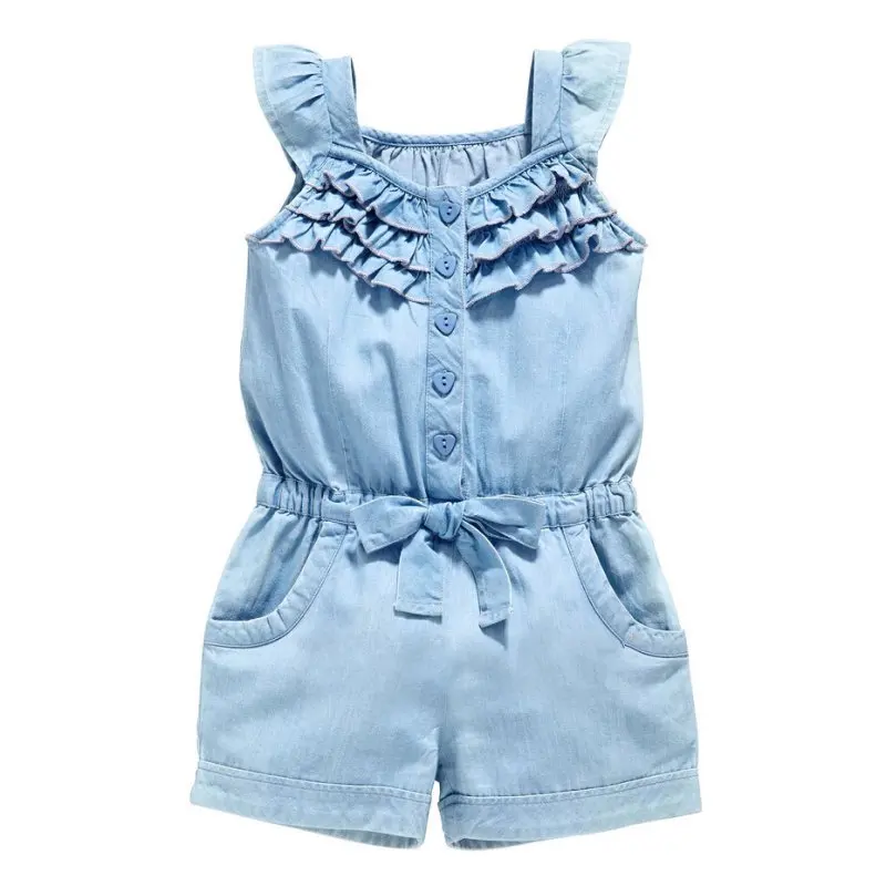 

Kids Girls Rompers Denim Blue Cotton Washed Jeans Sleeveless Bow Jumpsuits 0-5Y