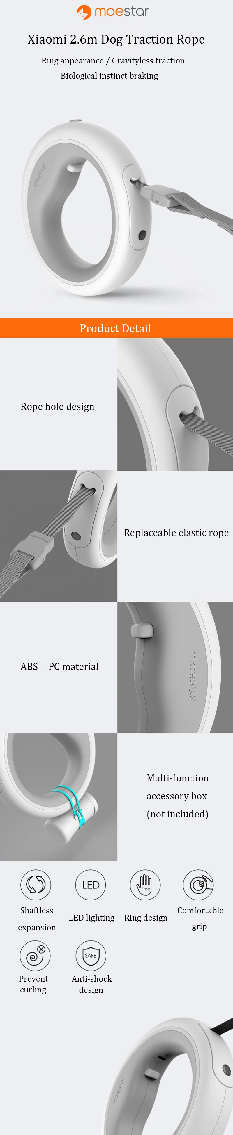 XIAOMI MOESTAR UFO 2.6m Retractable Dog Leash USB Rechargeable LED Night Light 50kg Static Tension Dog Traction Rope Pet Puppy Training Chain Hunting Dog Training Rope