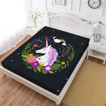 

Princess Unicorn Bed Sheet Girls Sweet Cartoon Fitted Sheet Colorful Flowers Print Bedclothes Deep Pocket Mattress Cover