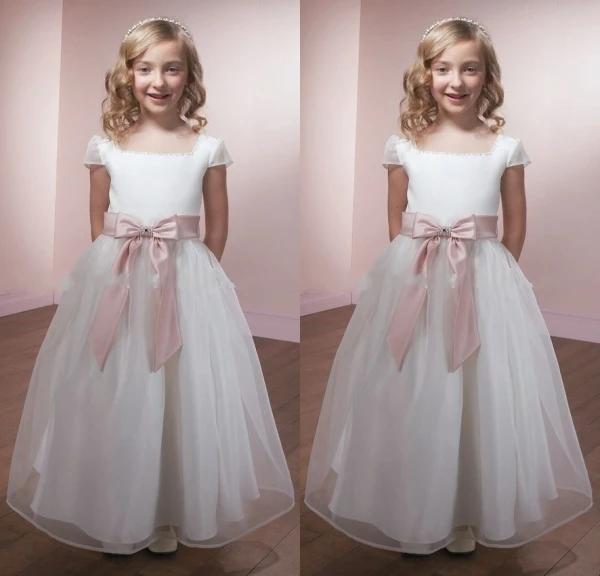 2015 Lovely Pink Ribbon Flower Girl Dresses with Bow Short Sleeve Kids