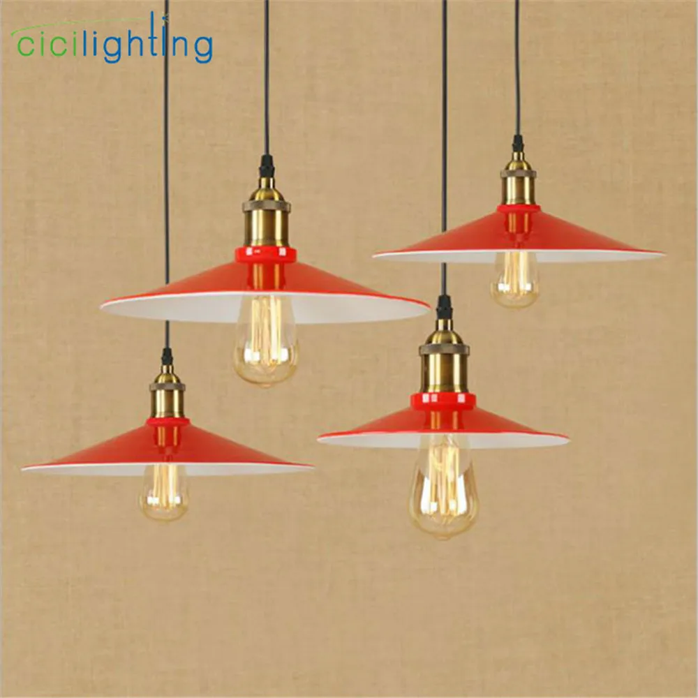 

AC100-240V Vintage Iron Pendant Light Industrial Lighting Red Lid lampshade Pendant Lamp Hanging E27 Bar Cafe Restaurant