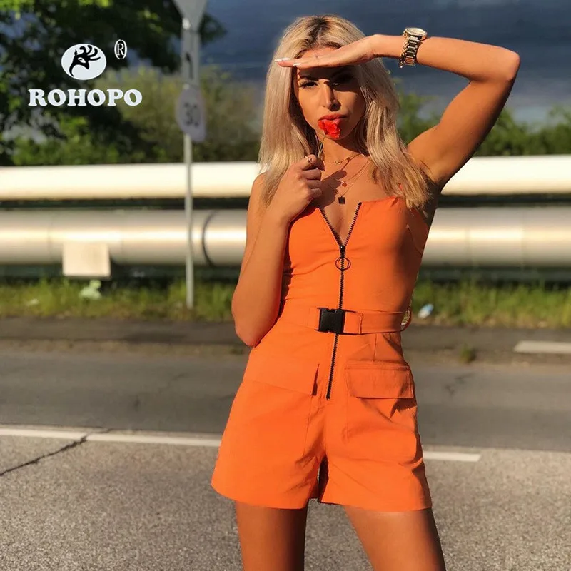 

ROHOPO Women Orange Overall Pant Orange Buckle Belted Singlet Sleeveless Cargo Pockets Streetwear Girl Outfit Pants
