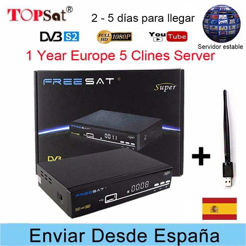 Freesat V8 Super Receptor DVB-S2 HD FTA Satellite TV Receiver + Europe Clines for 1 Year Spain +USB WIFI support powervu decoder