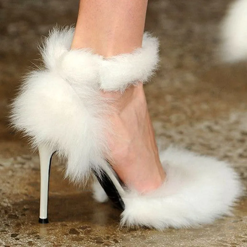 

White Fur Ankle Strap Women Pumps High Heels Leather Cover Heels Sandals Fashion Party Wedding Princess D'Orsay Shoes