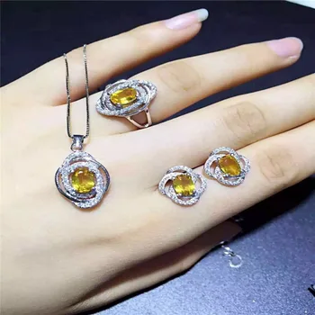 

KJJEAXCMY boutique jewels 925 Pure silver inlay natural oval yellow crystal female ring + necklace + pendant set inlay accessori