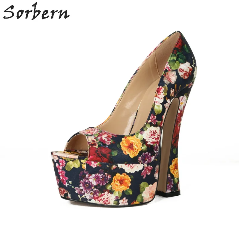 

Sorbern Flower Women Pumps Square Chunky High Heels Platform Shoes Summer Style Peep Toe Slip On Womens Big Size Shoes EU 40-46