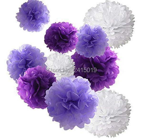 

24xNew mixed sizes purple light purple white tissue paper bunting pom poms wedding party wall hanging decorative banner garland