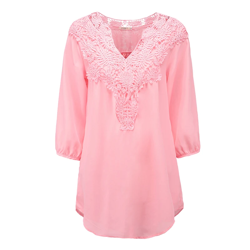 2019 New Spring Summer Women Blouses Lace Chiffon Hollow V-neck Shirts Plus Size Loose Three Quarter Sleeve Tops Shirts Women