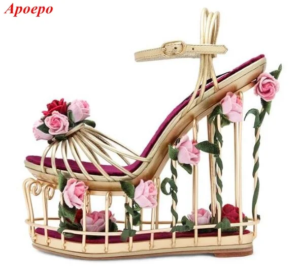

Elegant Flower Embellished Caged Style Platform Sandal 17CM Metal Striped Ankle Strap Wedge Sandal for Woman Dress Shoes