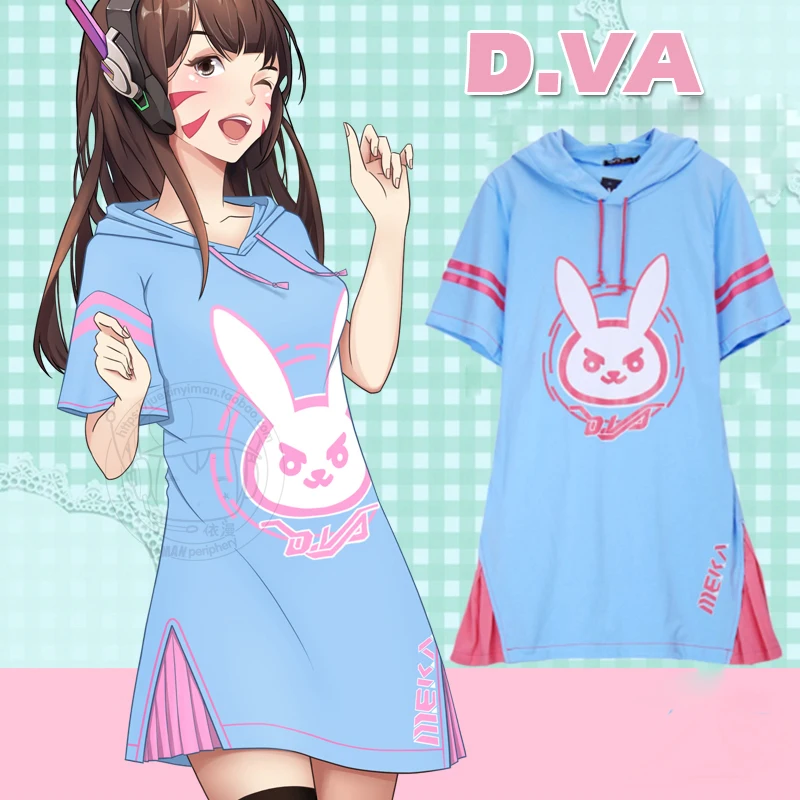 

dva dress Hot game heros Dva Cosplay dva hoodie adult costume top pink blue long shirt dress