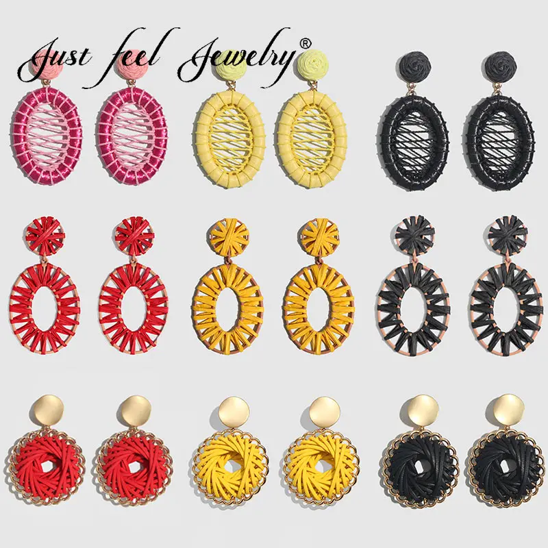 

JUST FEEL New Bohemian Colorful Oval Round Raffia Dangle Earrings For Women Female Statement Korean Handmade Rattan Drop Earring