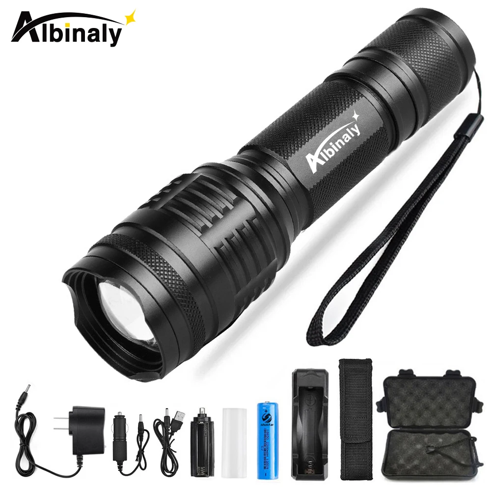 

Albinaly LED Flashlight Ultra Bright CREE XML-T6/L2 Led torch 5 Modes 8000 Lumens Zoomable LED Torch 18650 Battery+Charger