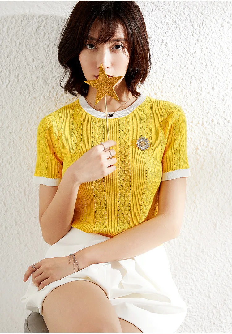 

PIXY Ice Silk Sweater Yellow Knitted Pullover Summer Twist White Hollow Out Tops Casual T Shirt Sweet Cute Tee Kawaii 90 Friends