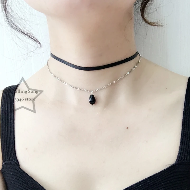 

Handmade Black Glass Water Drop Bead & Black Wax Rope & Stainless Steel Chain Jewelry Choker Necklace