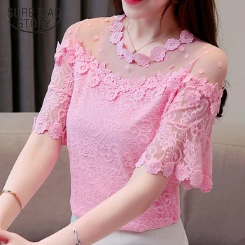 

Fashion Womens Tops and Blouses 2019 Sexy Hollow Lace Blouse Shirt Female Flare Short Sleeve Summer Tops Women Shirts 2870 50