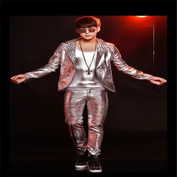 

R65 Silver leather men suit singer host stage show dress outfits party rivets clothes dancer ballroom costumes bar jacket patns