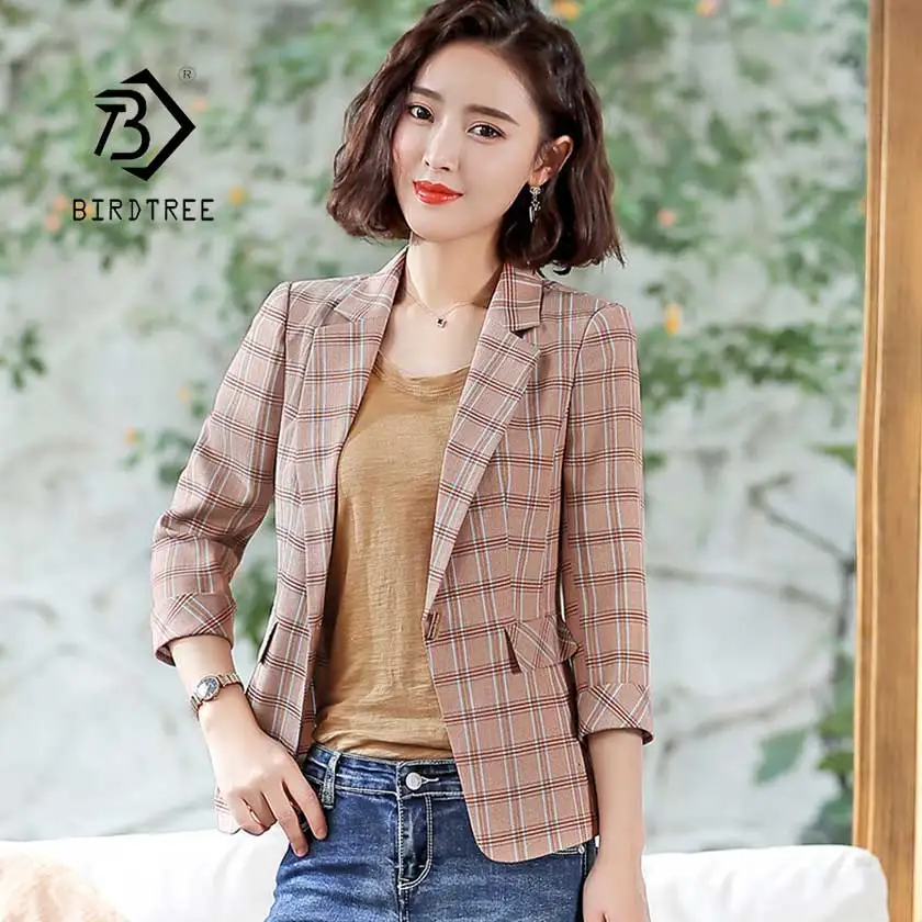 

2019 New Women's Top Plaid Blazer Jacket Single Button Three Quarter Notched Female Work Office Lady OL Coat Hot Sales C96103Z