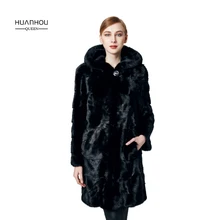 HUANHOU QUEEN real mink fur coat for women’s with full pelt hood ,thick warm slim fashion,90cm length full sleeves.
