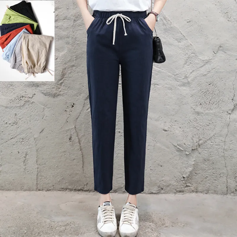1pcs Women Pure Cotton Hemp Trousers Summer Thin Casual Loose Casual Sashes Pockets Solid Color Harem Pants