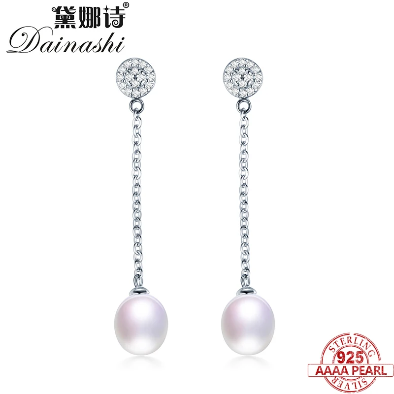 

925 Sterling Silver Women Pearl Drop Earrings,Natural Freshwater Pearl,High Luxter,Strong Light,Long Chain Zircon Earrings