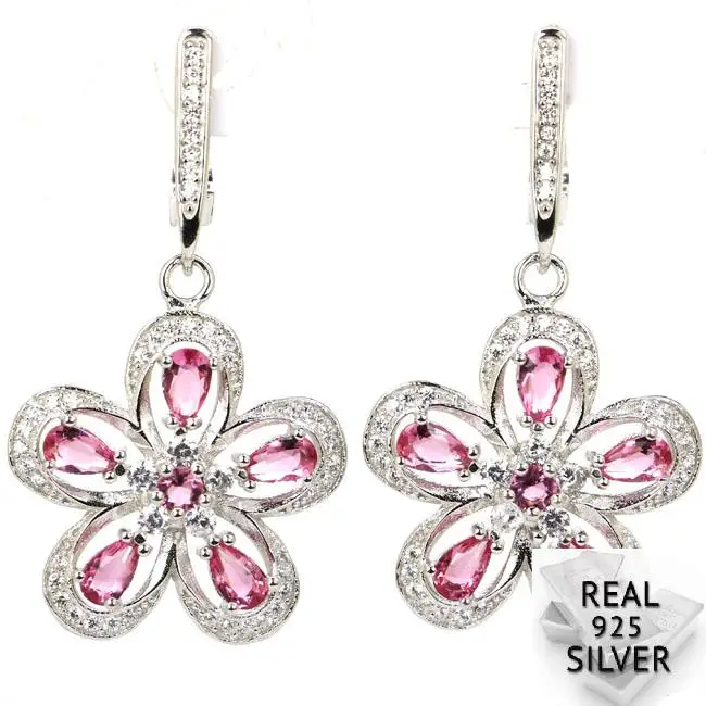 

Real 7.9g 925 Solid Sterling Silver New Designed Pink Tourmaline CZ Woman's Earrings 41x22mm