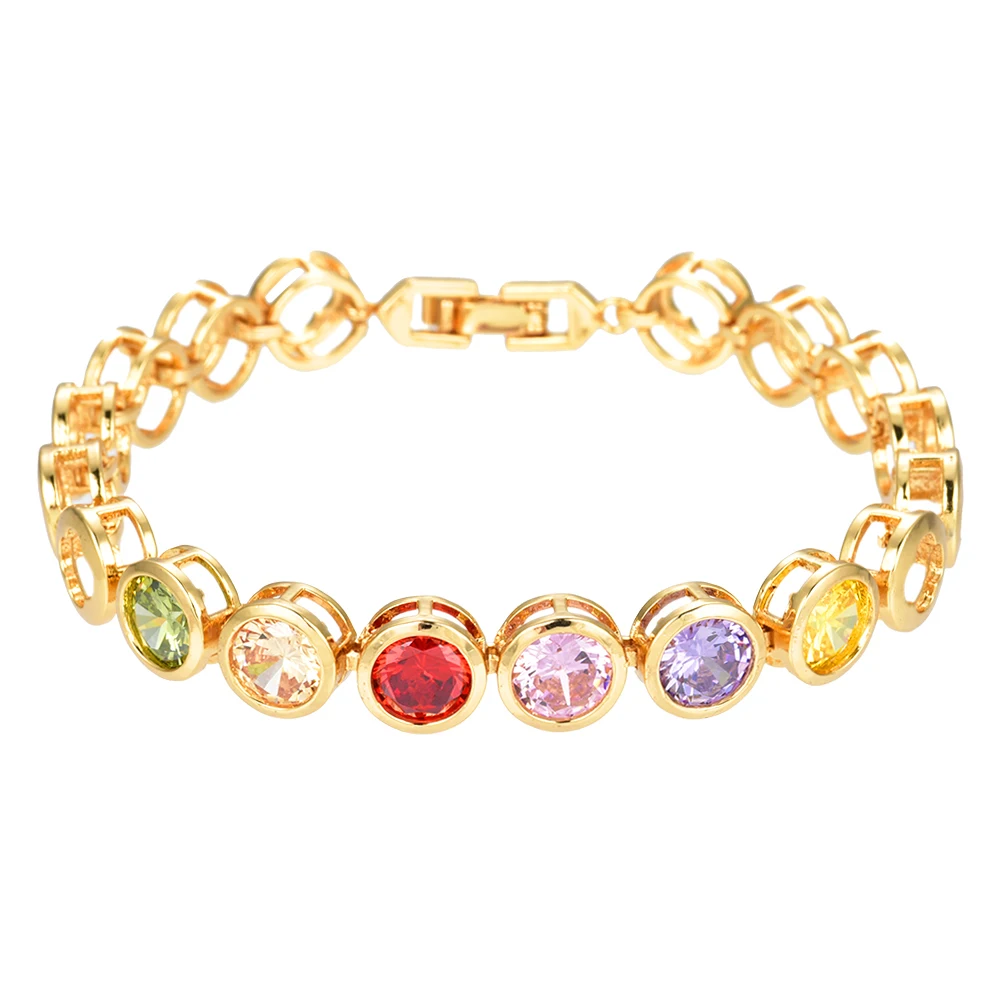 

NEW Trendy Cubic Zirconia Jewelry Gold Color Round Charm Rainbow CZ Crystal Female Bracelets Bangles for Women
