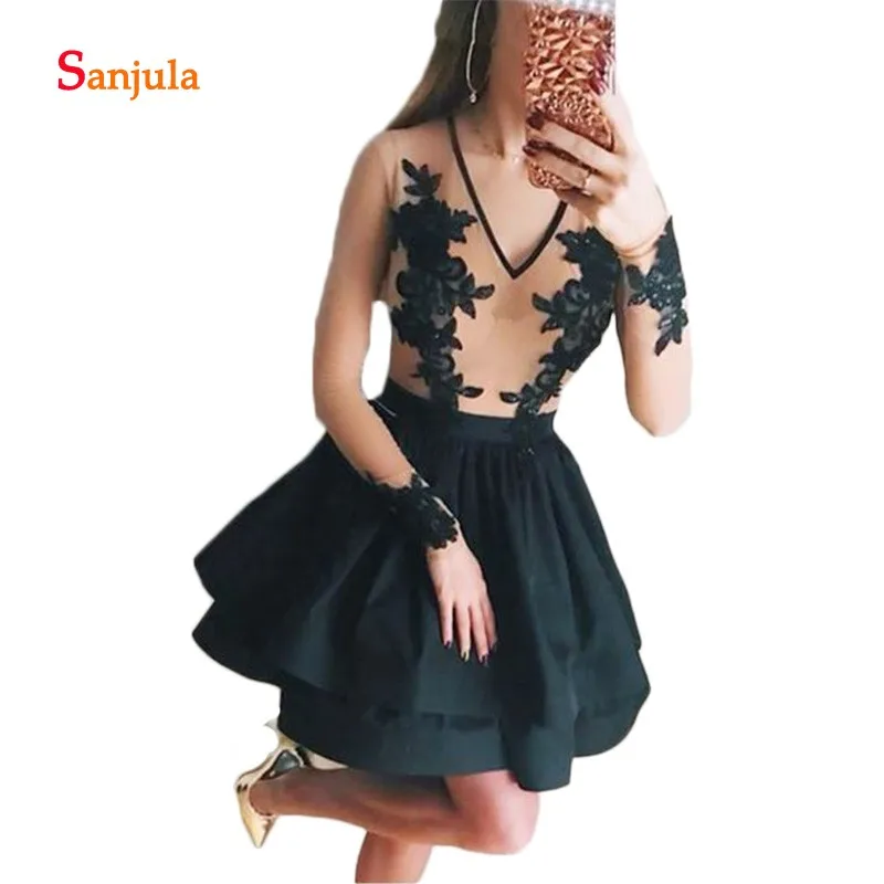 

V Neck Champagne Tulle Illusion Homecoming Dresses Sexy See Though Back A-Line Gradaution Dress Black Skirt Appliques D861