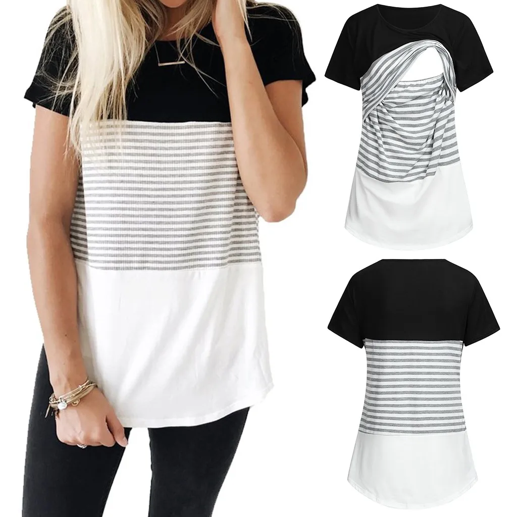 

Casual pregnant women short-sleeved T-shirt ladies striped stitching breastfeeding baby shirt mother solid color cotton soft top