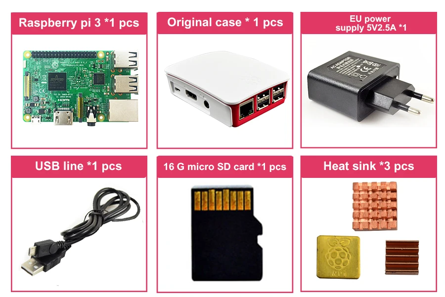 Raspberry pi 3*1+ sd-карта 16 Гб* 1+ корпус* 1+ штепсельная вилка европейского стандарта* 1+ теплоотвод* 3+ чехол для raspberry pi 3 kit* 1