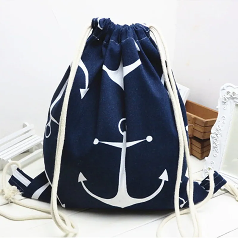 YILE Cotton Linen Drawstring Travel Backpack Student Book Shoes Bag Print Anchor Blue B02 YILE Cotton Linen Drawstring Travel Backpack Student Book Shoes Bag Print Anchor Blue B02