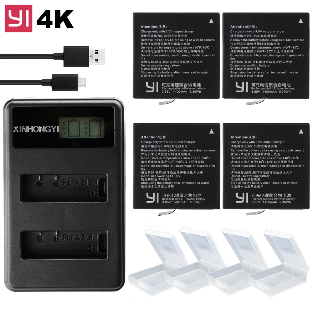 4 шт. 1400 мАч оригинальный yi 4K аккумулятор для Xiaomi YI xiaoyi 4k + Аксессуары камеры Xiaoyi USB