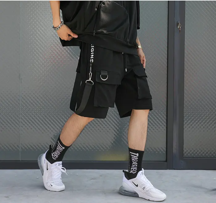 Хип-хоп летние шорты мужские 2019 черные ленты уличная Бермуды мужские шорты мульти-карман панк повседневные по колено мужские шорты